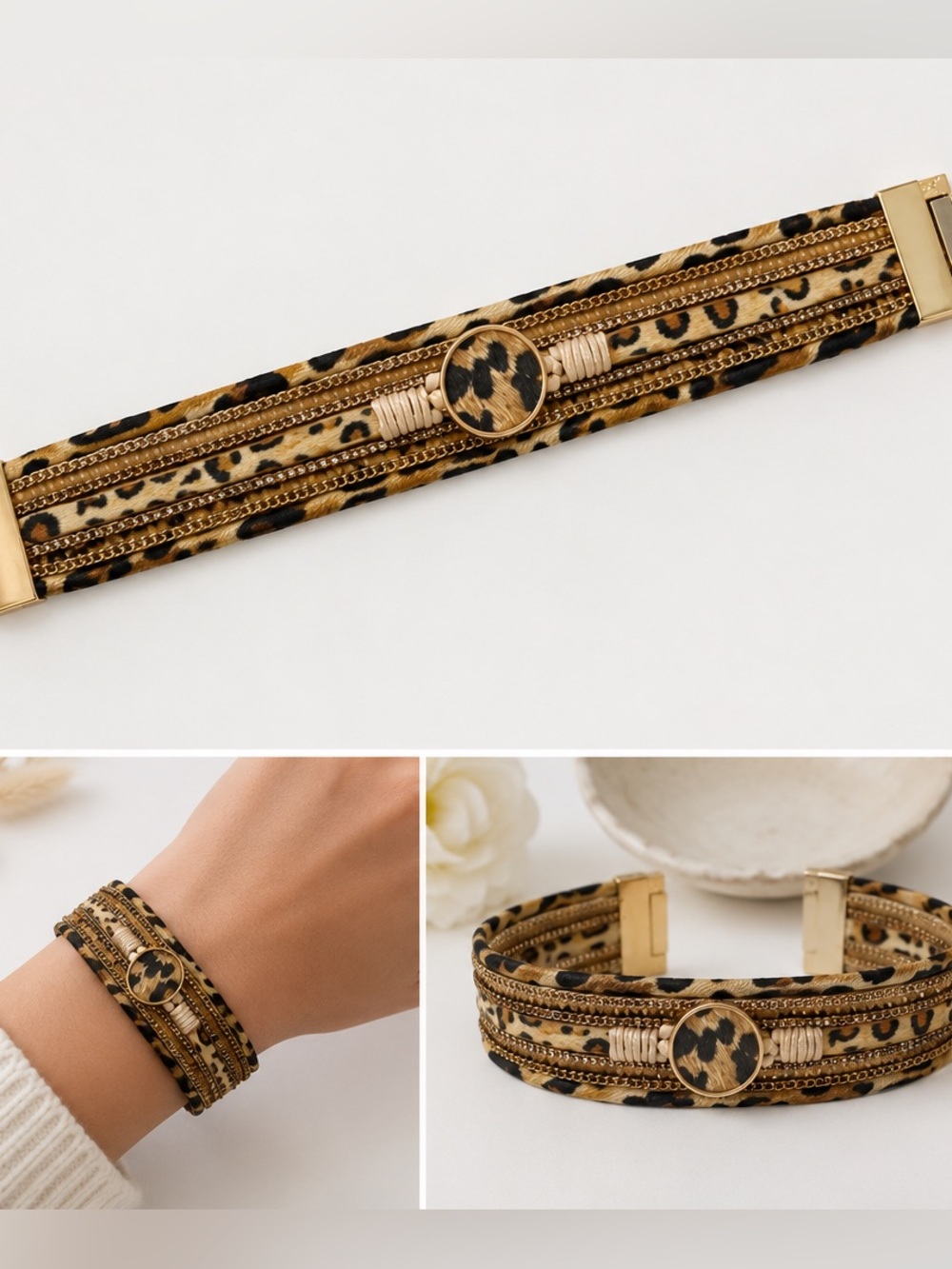 Leopard leather faux hair calf Wrap Bracelet